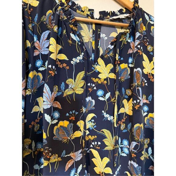 Loft Plus Size 14 Long Sleeve Peasant Shift Dress Navy Blue Floral Leaf Print - Picture 8 of 16